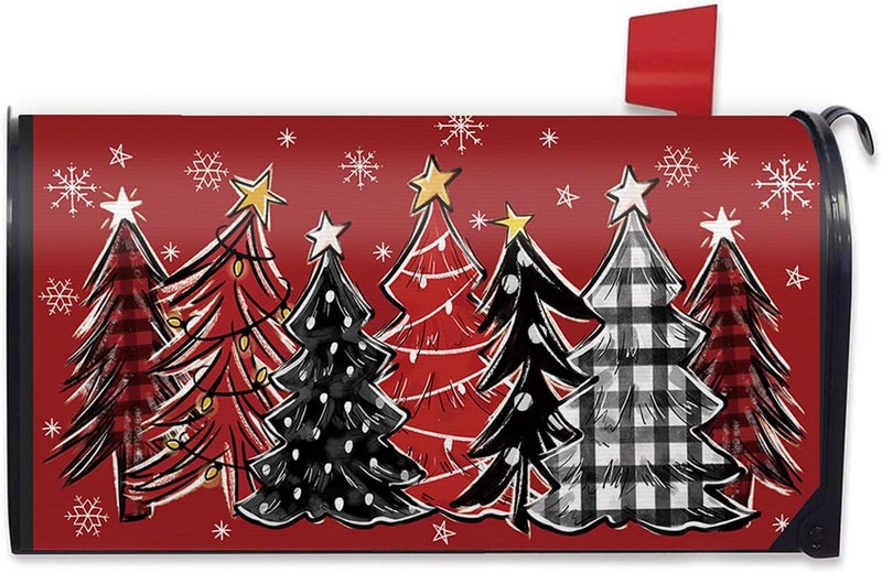 FBCOO Christmas Tree Red Mailbox Cover Magnetic Standard Size 20.5" x 18", Xmas Buffalo Plaid Snowflake Decorative Post Letter Box Wrap Decor, Winter Holiday Farmhouse Garden Yard Outdoor Decoration - Image 1